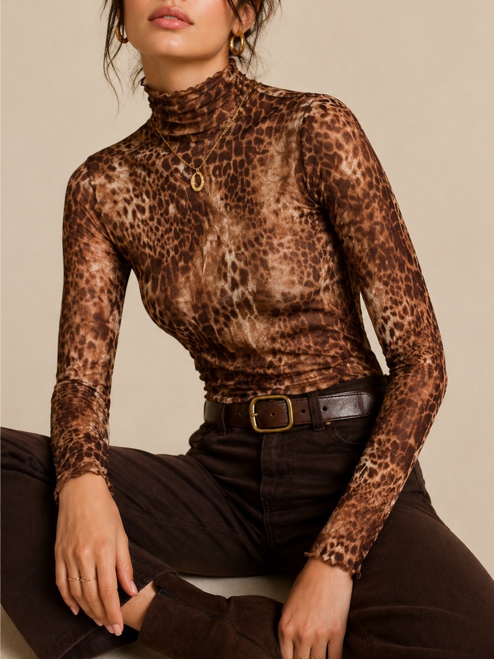 Sno Skins Sheer Cheetah Leopard Stretch Turtleneck Mesh Base Layer Top L
